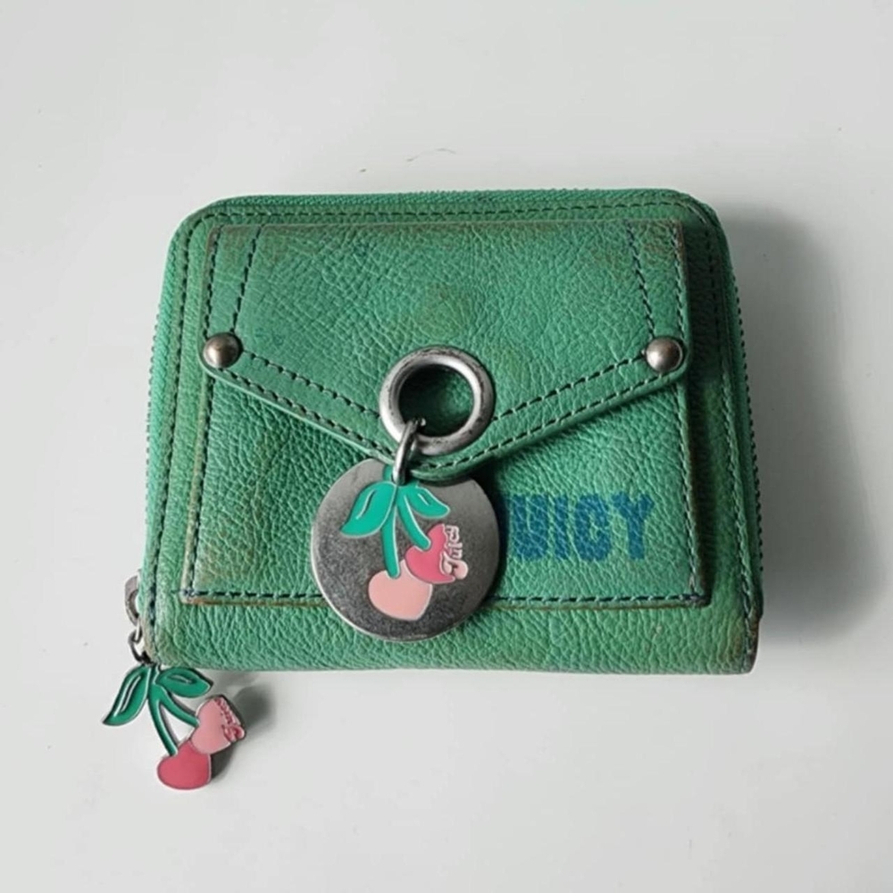 Green Leather Wallet with Cherry Charm